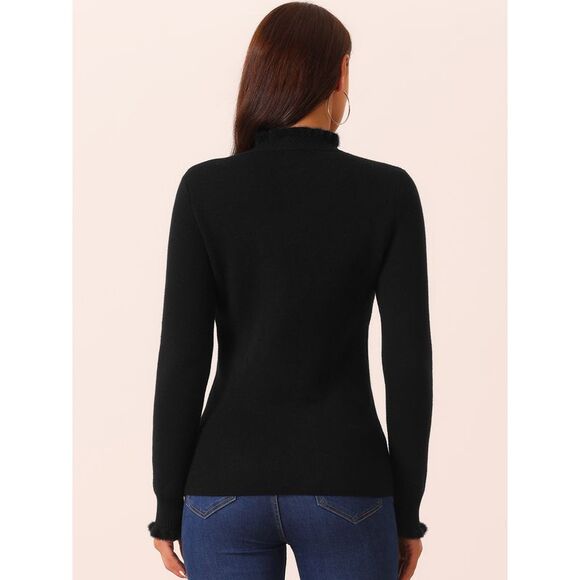 Fall Winter Fluffy Lined Long Sleeve Ribbed Knit Slim Fit Casual Top Black - Picture 4 of 5